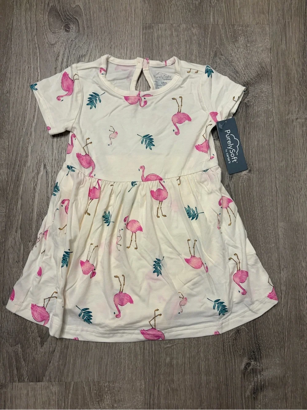 Carter's Baby Girl Flamingo PurelySoft Short-Sleeve Bodysuit Dress - Ivory- NWT